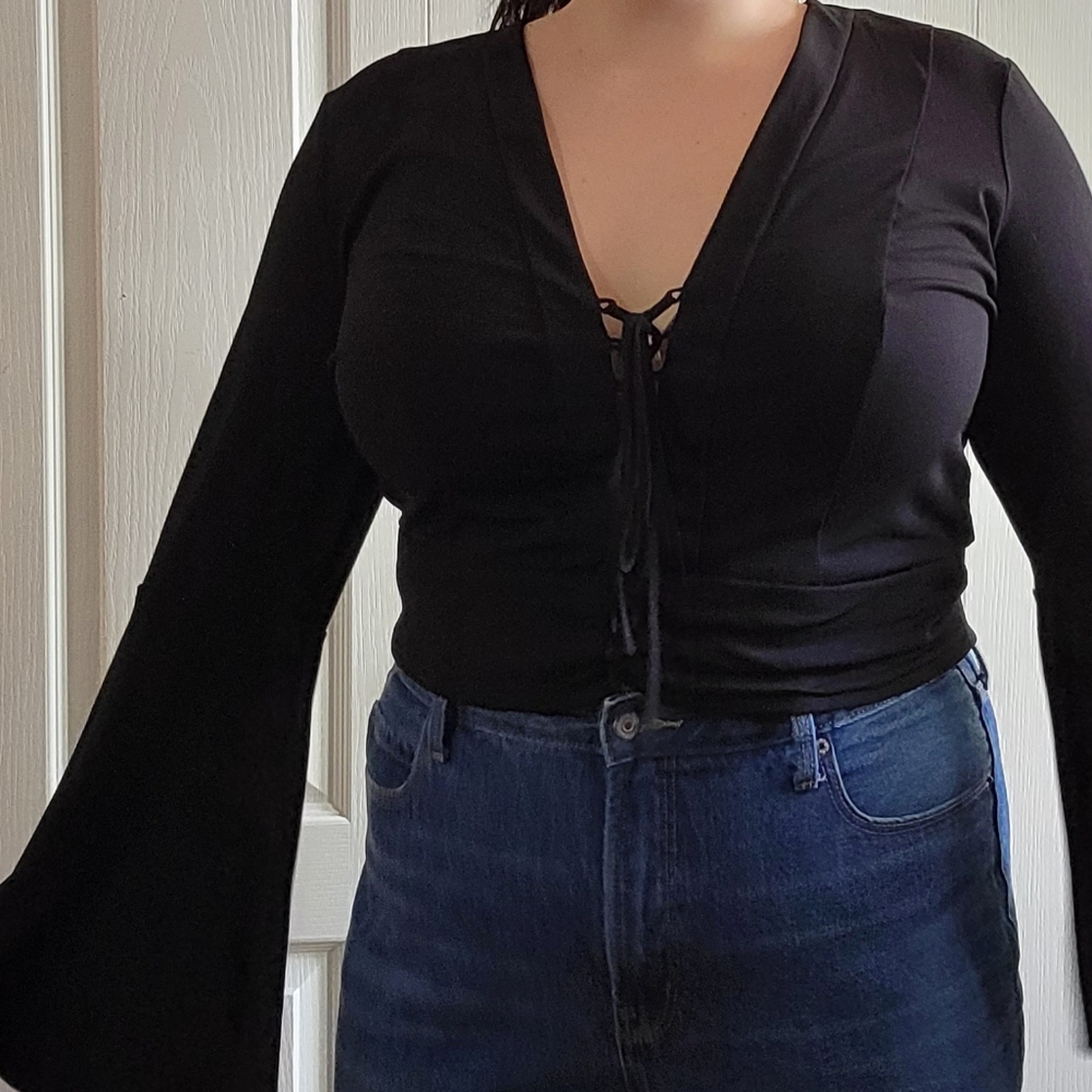 Black Bell Sleeve Lace Up Crop Top